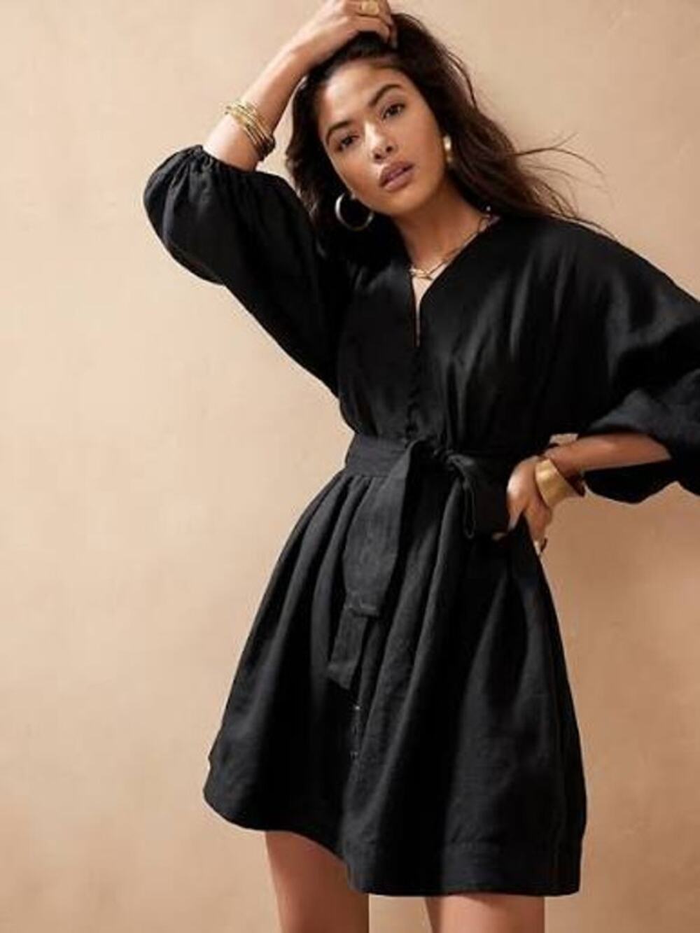 Banana Republic Linen Mini Dress Black Belted Long Sleeve Women's XS